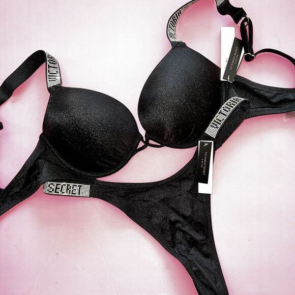 Victoria's Secret racerback 32D,32DD BIKINI S,M thong bottom shine strap BLACK